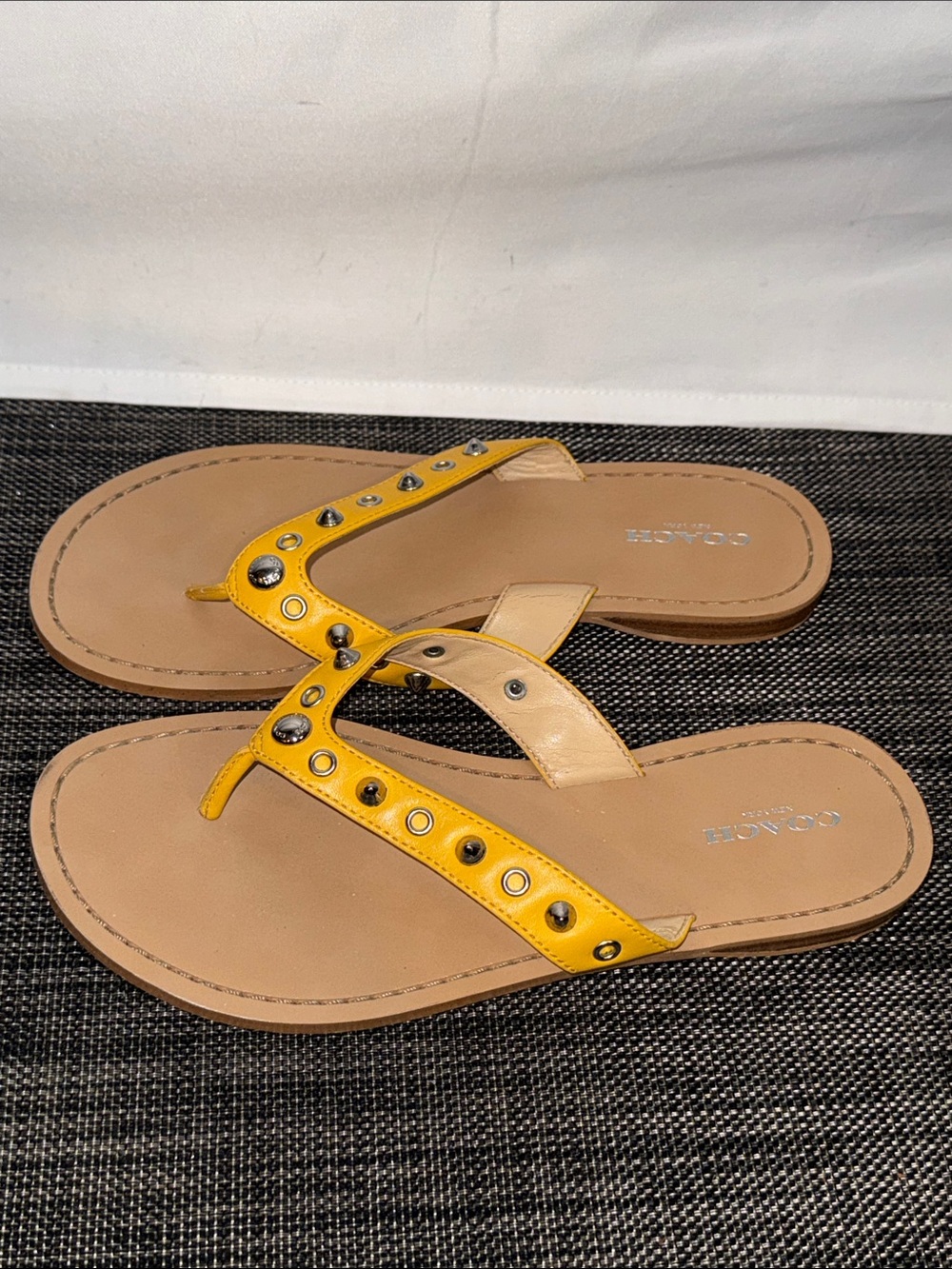 Coach Yellow and Tan Studded Leather Flip Sandals